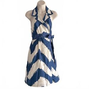 TIBI Silk Halter Dress in Blue Creamy White  | Wrap Front & POCKETS | Size 2